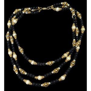 Elegant Glam Black Gold And Silver Tone Layered Beaded Necklace